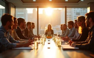 Ein strahlend natürlich beleuchteter Konferenztisch in modernem Hightech-Meetingraum, an dem engagierte Fachleute mit freundlichen Gesten und konzentrierten Blicken bei sonnendurchflutetem Fenster die enge Zusammenarbeit zwischen zwei führenden Chipgiganten, Nvidia und Intel, symbolisieren – eine warme Atmosphäre von Innovation, Vertrauen und gemeinsamer Zukunftsentwicklung.