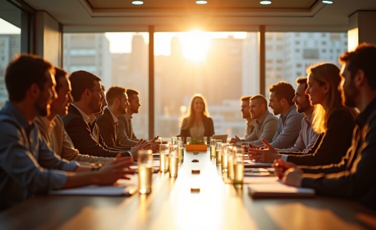 Ein strahlend natürlich beleuchteter Konferenztisch in modernem Hightech-Meetingraum, an dem engagierte Fachleute mit freundlichen Gesten und konzentrierten Blicken bei sonnendurchflutetem Fenster die enge Zusammenarbeit zwischen zwei führenden Chipgiganten, Nvidia und Intel, symbolisieren – eine warme Atmosphäre von Innovation, Vertrauen und gemeinsamer Zukunftsentwicklung.