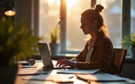 Ein hell erleuchtetes, modernes Büro mit einer konzentrierten Journalistin, die vor einem großen Fenster mit Tageslicht an einem Laptop arbeitet, umgeben von Notizen und Zeitungsartikeln, während ein freundliches, warmes Licht die Szene durchflutet und die spannende Diskussion über Medien, Ethik und KI vermittelt.