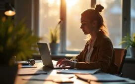 Ein hell erleuchtetes, modernes Büro mit einer konzentrierten Journalistin, die vor einem großen Fenster mit Tageslicht an einem Laptop arbeitet, umgeben von Notizen und Zeitungsartikeln, während ein freundliches, warmes Licht die Szene durchflutet und die spannende Diskussion über Medien, Ethik und KI vermittelt.