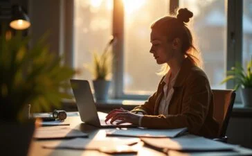 Ein hell erleuchtetes, modernes Büro mit einer konzentrierten Journalistin, die vor einem großen Fenster mit Tageslicht an einem Laptop arbeitet, umgeben von Notizen und Zeitungsartikeln, während ein freundliches, warmes Licht die Szene durchflutet und die spannende Diskussion über Medien, Ethik und KI vermittelt.