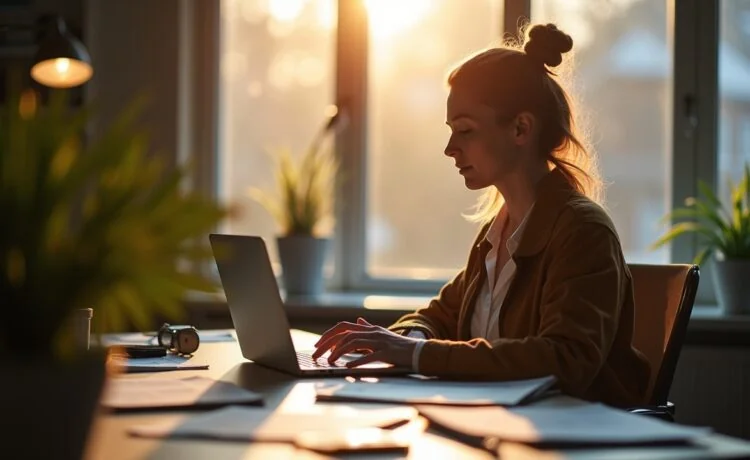 Ein hell erleuchtetes, modernes Büro mit einer konzentrierten Journalistin, die vor einem großen Fenster mit Tageslicht an einem Laptop arbeitet, umgeben von Notizen und Zeitungsartikeln, während ein freundliches, warmes Licht die Szene durchflutet und die spannende Diskussion über Medien, Ethik und KI vermittelt.