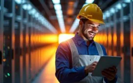 In einem hell erleuchteten, modern ausgestatteten Rechenzentrum reflektiert warmes Tageslicht sanft auf den endlosen Reihen glänzender Serverracks, während im Vordergrund eine entspannte Fachkraft mit freundlichem Lächeln konzentriert an einem Tablet arbeitet – ein lebendiges Bild von technologischem Fortschritt und verantwortungsvollem Umgang mit Energie.