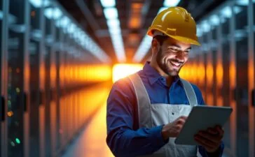 In einem hell erleuchteten, modern ausgestatteten Rechenzentrum reflektiert warmes Tageslicht sanft auf den endlosen Reihen glänzender Serverracks, während im Vordergrund eine entspannte Fachkraft mit freundlichem Lächeln konzentriert an einem Tablet arbeitet – ein lebendiges Bild von technologischem Fortschritt und verantwortungsvollem Umgang mit Energie.