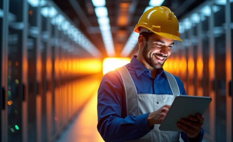 In einem hell erleuchteten, modern ausgestatteten Rechenzentrum reflektiert warmes Tageslicht sanft auf den endlosen Reihen glänzender Serverracks, während im Vordergrund eine entspannte Fachkraft mit freundlichem Lächeln konzentriert an einem Tablet arbeitet – ein lebendiges Bild von technologischem Fortschritt und verantwortungsvollem Umgang mit Energie.