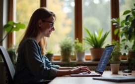 In einem hell erleuchteten, modernen Büro sitzt eine lächelnde Entwickler:in konzentriert vor einem weit geöffneten Laptop, auf dessen Bildschirm farbenfroher, klar strukturierter Programmcode in natürlichem Tageslicht erkennbar ist, während warme Holz- und Grünpflanzenakzente eine einladende, kreative Atmosphäre schaffen.