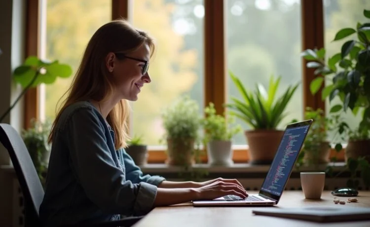 In einem hell erleuchteten, modernen Büro sitzt eine lächelnde Entwickler:in konzentriert vor einem weit geöffneten Laptop, auf dessen Bildschirm farbenfroher, klar strukturierter Programmcode in natürlichem Tageslicht erkennbar ist, während warme Holz- und Grünpflanzenakzente eine einladende, kreative Atmosphäre schaffen.