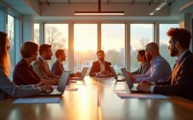 Ein hell erleuchteter, moderner Besprechungsraum mit entschlossenen Führungskräften verschiedenster Herkunft, die bei natürlichem Tageslicht um einen großen Tisch sitzen, digitale Geräte und Dokumente austauschen und den strategischen Wandel der Tech-Branche im Jahr 2025 mit warmem Lächeln und konzentrierter Offenheit gestalten.