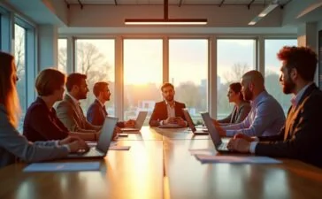 Ein hell erleuchteter, moderner Besprechungsraum mit entschlossenen Führungskräften verschiedenster Herkunft, die bei natürlichem Tageslicht um einen großen Tisch sitzen, digitale Geräte und Dokumente austauschen und den strategischen Wandel der Tech-Branche im Jahr 2025 mit warmem Lächeln und konzentrierter Offenheit gestalten.