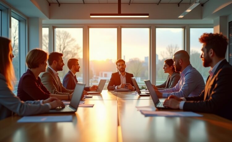 Ein hell erleuchteter, moderner Besprechungsraum mit entschlossenen Führungskräften verschiedenster Herkunft, die bei natürlichem Tageslicht um einen großen Tisch sitzen, digitale Geräte und Dokumente austauschen und den strategischen Wandel der Tech-Branche im Jahr 2025 mit warmem Lächeln und konzentrierter Offenheit gestalten.