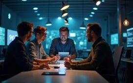 Eine harmonisch beleuchtete Szene in einem modernen Kreativstudio, in der lächelnde Medienprofis und Entwickler im intensiven, doch freundlichen Austausch über digitale Innovationen stehen, umgeben von technischen Geräten und Skizzen, die die Balance zwischen menschlicher Kreativität und KI-gesteuerter Automatisierung eindrucksvoll widerspiegeln.