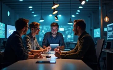 Eine harmonisch beleuchtete Szene in einem modernen Kreativstudio, in der lächelnde Medienprofis und Entwickler im intensiven, doch freundlichen Austausch über digitale Innovationen stehen, umgeben von technischen Geräten und Skizzen, die die Balance zwischen menschlicher Kreativität und KI-gesteuerter Automatisierung eindrucksvoll widerspiegeln.