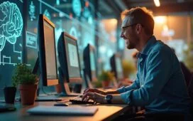 Eine helle, sonnendurchflutete Büroumgebung mit einem motivierten Team aus verschiedenen Fachleuten, die an modernen Computern und neuronalen Chips arbeiten, während im Hintergrund futuristische Glaswände und technische Skizzen die Atmosphäre von Innovation und milliardenschwerer Technologie-Investition mit warmem, einladendem Licht unterstreichen.