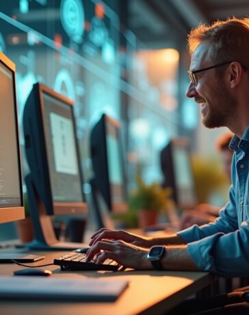 Eine helle, sonnendurchflutete Büroumgebung mit einem motivierten Team aus verschiedenen Fachleuten, die an modernen Computern und neuronalen Chips arbeiten, während im Hintergrund futuristische Glaswände und technische Skizzen die Atmosphäre von Innovation und milliardenschwerer Technologie-Investition mit warmem, einladendem Licht unterstreichen.