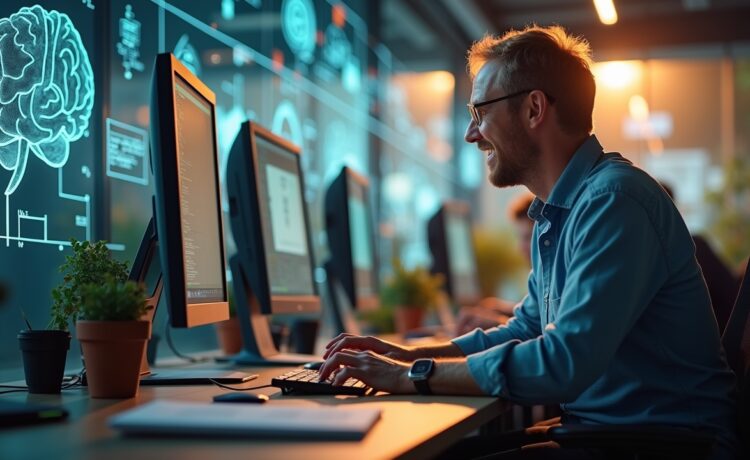 Eine helle, sonnendurchflutete Büroumgebung mit einem motivierten Team aus verschiedenen Fachleuten, die an modernen Computern und neuronalen Chips arbeiten, während im Hintergrund futuristische Glaswände und technische Skizzen die Atmosphäre von Innovation und milliardenschwerer Technologie-Investition mit warmem, einladendem Licht unterstreichen.