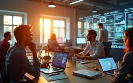 Ein strahlendes, lebendiges Büro mit warmem Tageslicht, in dem ein diverses Team konzentriert an modernen Technologien wie Laptops und holographischen Displays arbeitet und so den innovativen Geist und die Zukunftstrends der Technologie im Jahr 2025 verkörpert.