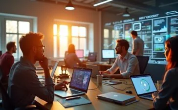 Ein strahlendes, lebendiges Büro mit warmem Tageslicht, in dem ein diverses Team konzentriert an modernen Technologien wie Laptops und holographischen Displays arbeitet und so den innovativen Geist und die Zukunftstrends der Technologie im Jahr 2025 verkörpert.