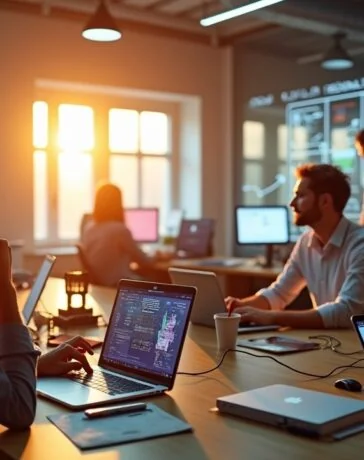 Ein strahlendes, lebendiges Büro mit warmem Tageslicht, in dem ein diverses Team konzentriert an modernen Technologien wie Laptops und holographischen Displays arbeitet und so den innovativen Geist und die Zukunftstrends der Technologie im Jahr 2025 verkörpert.