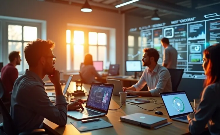 Ein strahlendes, lebendiges Büro mit warmem Tageslicht, in dem ein diverses Team konzentriert an modernen Technologien wie Laptops und holographischen Displays arbeitet und so den innovativen Geist und die Zukunftstrends der Technologie im Jahr 2025 verkörpert.