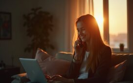 Eine helle, einladende Szene in einem modernen Wohnzimmer, in der eine freundliche Frau aufmerksam und informiert am Telefon spricht, während warmes Tageslicht durch ein Fenster fällt und eine Atmosphäre von Vertrauen, Wachsamkeit und Sicherheit vermittelt.