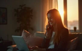 Eine helle, einladende Szene in einem modernen Wohnzimmer, in der eine freundliche Frau aufmerksam und informiert am Telefon spricht, während warmes Tageslicht durch ein Fenster fällt und eine Atmosphäre von Vertrauen, Wachsamkeit und Sicherheit vermittelt.