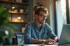 Ein heller, einladender Arbeitsplatz mit einem motivierten Entwickler, der konzentriert an einem modernen Laptop arbeitet, umgeben von natürlichen Lichtstrahlen und subtilen technischen Details, die das effiziente Testen und die sorgfältige Qualitätssicherung von KI-Anwendungen symbolisieren.