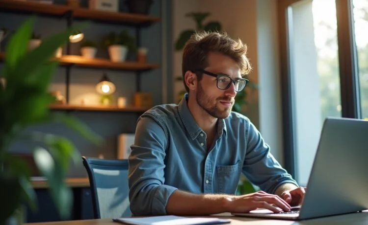 Ein heller, einladender Arbeitsplatz mit einem motivierten Entwickler, der konzentriert an einem modernen Laptop arbeitet, umgeben von natürlichen Lichtstrahlen und subtilen technischen Details, die das effiziente Testen und die sorgfältige Qualitätssicherung von KI-Anwendungen symbolisieren.