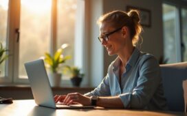 Ein helles, einladendes Büro mit natürlichem Sonnenlicht, eine lächelnde Person mittleren Alters fokussiert vor einem modernen Laptop, umgeben von digitaler Sicherheitstechnik und Notizen – eine warme Atmosphäre, die Vertrauen und digitale Vorsorge symbolisiert.