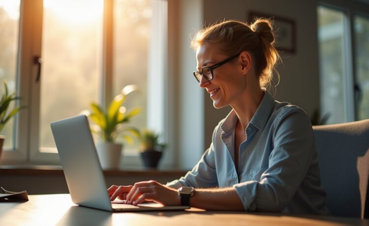 Ein helles, einladendes Büro mit natürlichem Sonnenlicht, eine lächelnde Person mittleren Alters fokussiert vor einem modernen Laptop, umgeben von digitaler Sicherheitstechnik und Notizen – eine warme Atmosphäre, die Vertrauen und digitale Vorsorge symbolisiert.