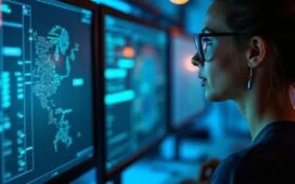 In einem hell erleuchteten, modernen Rechenzentrum beobachten engagierte IT-Expert:innen konzentriert auf große Monitore und Sensoren, wie digitale Zwillinge dank natürlichem Tageslicht und warmen Farbtönen einen transparenten Blick auf komplexe Systeme und effiziente Abläufe ermöglichen.