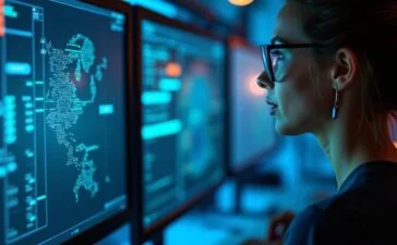 In einem hell erleuchteten, modernen Rechenzentrum beobachten engagierte IT-Expert:innen konzentriert auf große Monitore und Sensoren, wie digitale Zwillinge dank natürlichem Tageslicht und warmen Farbtönen einen transparenten Blick auf komplexe Systeme und effiziente Abläufe ermöglichen.