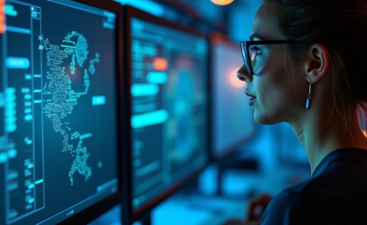 In einem hell erleuchteten, modernen Rechenzentrum beobachten engagierte IT-Expert:innen konzentriert auf große Monitore und Sensoren, wie digitale Zwillinge dank natürlichem Tageslicht und warmen Farbtönen einen transparenten Blick auf komplexe Systeme und effiziente Abläufe ermöglichen.