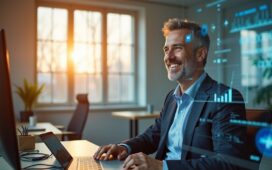 In einem hell erleuchteten, modernen Büro sitzt ein sachlich lächelnder Mann mittleren Alters in Businesskleidung vor einem transparenten Bildschirm mit abstrakten, halbtransparenten Datenvisualisierungen, umgeben von dezent futuristischer Technologie und warmem Tageslicht, das durch große Fenster fällt und die Szenerie einladend und visionär wirken lässt.