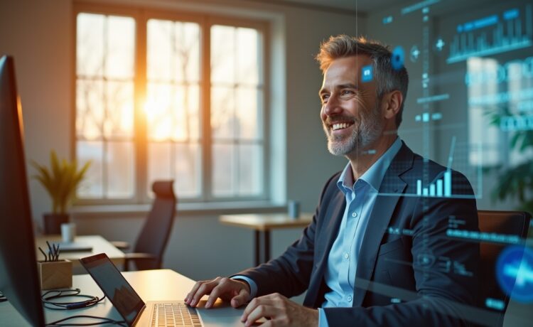 In einem hell erleuchteten, modernen Büro sitzt ein sachlich lächelnder Mann mittleren Alters in Businesskleidung vor einem transparenten Bildschirm mit abstrakten, halbtransparenten Datenvisualisierungen, umgeben von dezent futuristischer Technologie und warmem Tageslicht, das durch große Fenster fällt und die Szenerie einladend und visionär wirken lässt.