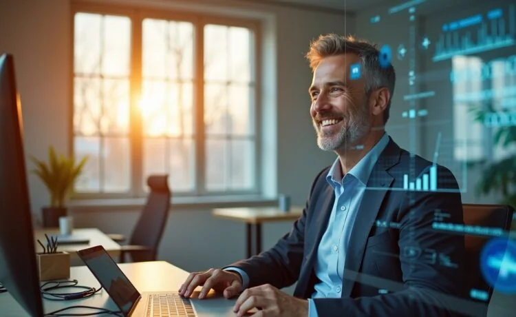 In einem hell erleuchteten, modernen Büro sitzt ein sachlich lächelnder Mann mittleren Alters in Businesskleidung vor einem transparenten Bildschirm mit abstrakten, halbtransparenten Datenvisualisierungen, umgeben von dezent futuristischer Technologie und warmem Tageslicht, das durch große Fenster fällt und die Szenerie einladend und visionär wirken lässt.