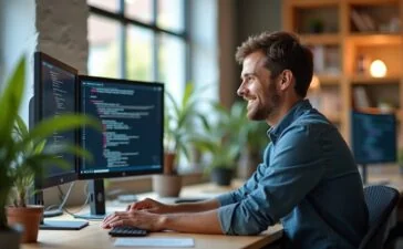 Ein modernes, helles Büro mit natürlichem Tageslicht, in dem ein lächelnder Entwickler konzentriert vor mehreren Bildschirmen sitzt und innovativen TypeScript-Code mit dekorativen Annotationen schreibt, umgeben von aufgeräumter Technik und warmem Holzmobiliar, das eine freundliche, produktive Atmosphäre voller technischer Kreativität und professioneller Leichtigkeit vermittelt.