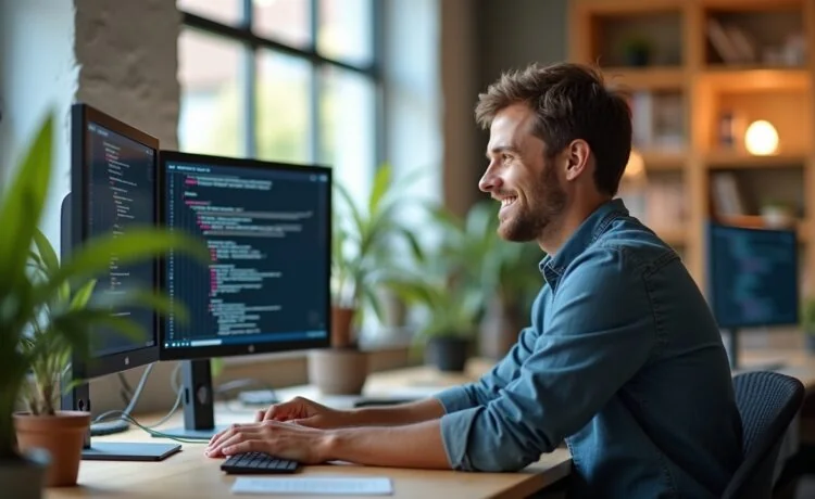 Ein modernes, helles Büro mit natürlichem Tageslicht, in dem ein lächelnder Entwickler konzentriert vor mehreren Bildschirmen sitzt und innovativen TypeScript-Code mit dekorativen Annotationen schreibt, umgeben von aufgeräumter Technik und warmem Holzmobiliar, das eine freundliche, produktive Atmosphäre voller technischer Kreativität und professioneller Leichtigkeit vermittelt.