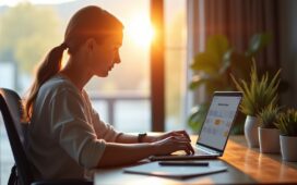 In einem hell erleuchteten, modernen Arbeitsplatz sitzt eine fokussierte Person vor einem aufgeräumten Laptop, dessen klar strukturierte und minimalistische To-Do-App mit großzügigem Weißraum und sanften Farbakzenten auf dem Bildschirm zu sehen ist, während warmes Tageslicht sanft den Raum durchflutet und eine freundliche, produktive Atmosphäre schafft.