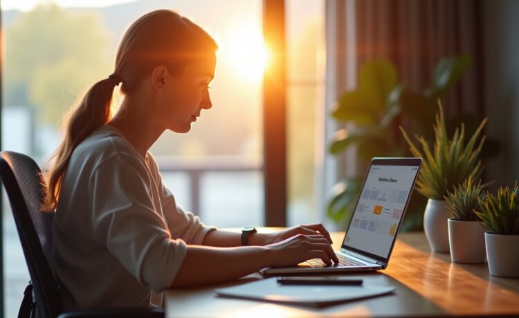 In einem hell erleuchteten, modernen Arbeitsplatz sitzt eine fokussierte Person vor einem aufgeräumten Laptop, dessen klar strukturierte und minimalistische To-Do-App mit großzügigem Weißraum und sanften Farbakzenten auf dem Bildschirm zu sehen ist, während warmes Tageslicht sanft den Raum durchflutet und eine freundliche, produktive Atmosphäre schafft.