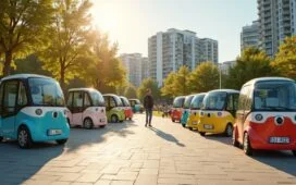 Ein sonnendurchfluteter urbaner Parkplatz mit modernen, kompakten Elektroautos in frischen Farben, umgeben von freundlichen Menschen, die entspannt und hoffnungsvoll symbolisch die neue, erschwingliche Elektromobilität im Alltag willkommen heißen.