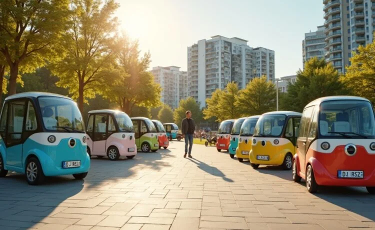 Ein sonnendurchfluteter urbaner Parkplatz mit modernen, kompakten Elektroautos in frischen Farben, umgeben von freundlichen Menschen, die entspannt und hoffnungsvoll symbolisch die neue, erschwingliche Elektromobilität im Alltag willkommen heißen.