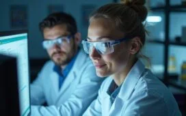 Ein strahlend helles Redaktionsfoto in natürlichem Licht zeigt konzentrierte Forscher in moderner Laborkulisse, deren warmes Lächeln trotz komplexer Computerbildschirme und technischen Geräten eine Atmosphäre von Menschlichkeit und Zuversicht ausstrahlt.