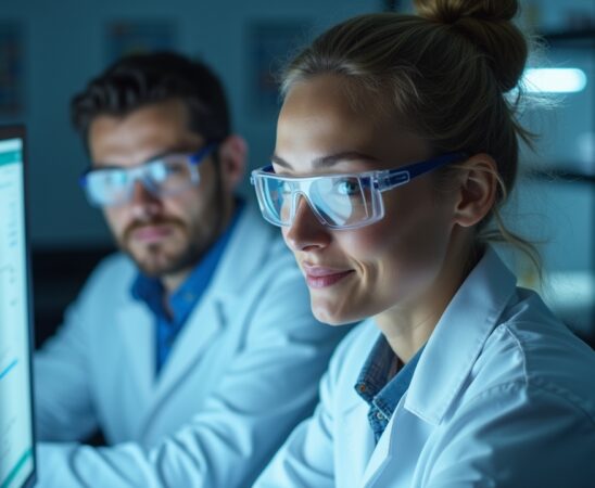 Ein strahlend helles Redaktionsfoto in natürlichem Licht zeigt konzentrierte Forscher in moderner Laborkulisse, deren warmes Lächeln trotz komplexer Computerbildschirme und technischen Geräten eine Atmosphäre von Menschlichkeit und Zuversicht ausstrahlt.