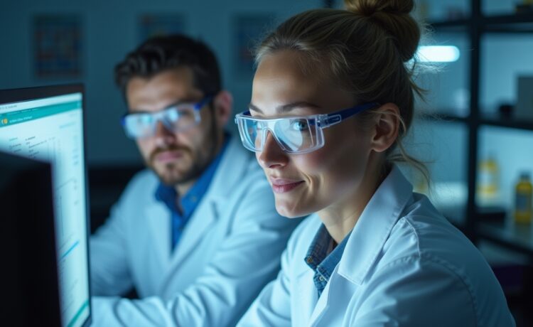 Ein strahlend helles Redaktionsfoto in natürlichem Licht zeigt konzentrierte Forscher in moderner Laborkulisse, deren warmes Lächeln trotz komplexer Computerbildschirme und technischen Geräten eine Atmosphäre von Menschlichkeit und Zuversicht ausstrahlt.
