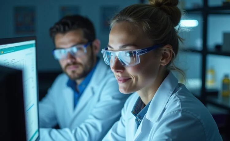 Ein strahlend helles Redaktionsfoto in natürlichem Licht zeigt konzentrierte Forscher in moderner Laborkulisse, deren warmes Lächeln trotz komplexer Computerbildschirme und technischen Geräten eine Atmosphäre von Menschlichkeit und Zuversicht ausstrahlt.