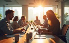 Ein strahlender, lichtdurchfluteter moderner Büroraum mit freundlichen, dynamischen Fachleuten verschiedener Herkunft, die konzentriert an hochwertigen Laptops und innovativen Gadgets arbeiten, umgeben von großen Fenstern, warmem Tageslicht und subtiler High-Tech-Atmosphäre, die die globale technologische Führungsrolle der US-Tech-Giganten lebendig widerspiegelt.