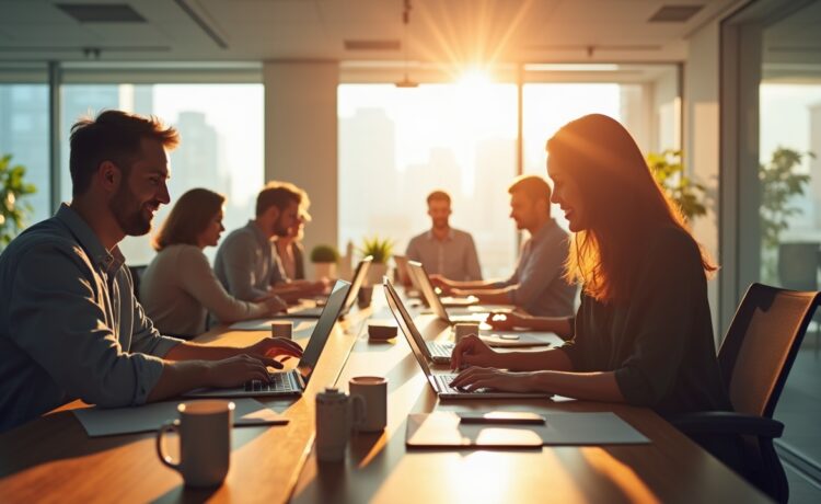 Ein strahlender, lichtdurchfluteter moderner Büroraum mit freundlichen, dynamischen Fachleuten verschiedener Herkunft, die konzentriert an hochwertigen Laptops und innovativen Gadgets arbeiten, umgeben von großen Fenstern, warmem Tageslicht und subtiler High-Tech-Atmosphäre, die die globale technologische Führungsrolle der US-Tech-Giganten lebendig widerspiegelt.