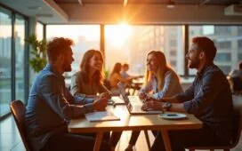 In einem modernen, lichtdurchfluteten Büro sitzen vier diverse Fachleute in entspannter Gesprächsrunde zusammen und diskutieren lebhaft über digitale Bildschirme mit Streaming-Inhalten, während durch große Fenster warmes Sonnenlicht den Raum erfüllt und eine freundliche, dynamische Atmosphäre schafft.