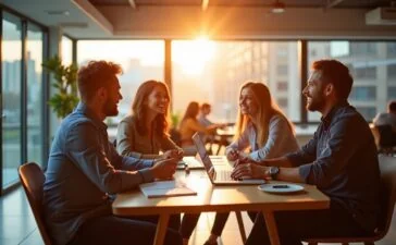 In einem modernen, lichtdurchfluteten Büro sitzen vier diverse Fachleute in entspannter Gesprächsrunde zusammen und diskutieren lebhaft über digitale Bildschirme mit Streaming-Inhalten, während durch große Fenster warmes Sonnenlicht den Raum erfüllt und eine freundliche, dynamische Atmosphäre schafft.