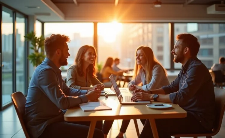 In einem modernen, lichtdurchfluteten Büro sitzen vier diverse Fachleute in entspannter Gesprächsrunde zusammen und diskutieren lebhaft über digitale Bildschirme mit Streaming-Inhalten, während durch große Fenster warmes Sonnenlicht den Raum erfüllt und eine freundliche, dynamische Atmosphäre schafft.